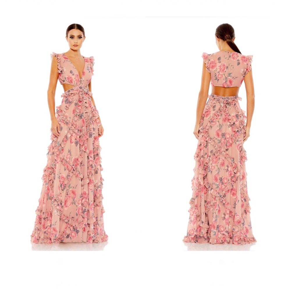 Mac Duggal RUFFLED CUT OUT CAP SLEEVE V NECK GOWN 9152 Rose Multicolor - Picture 3 of 17